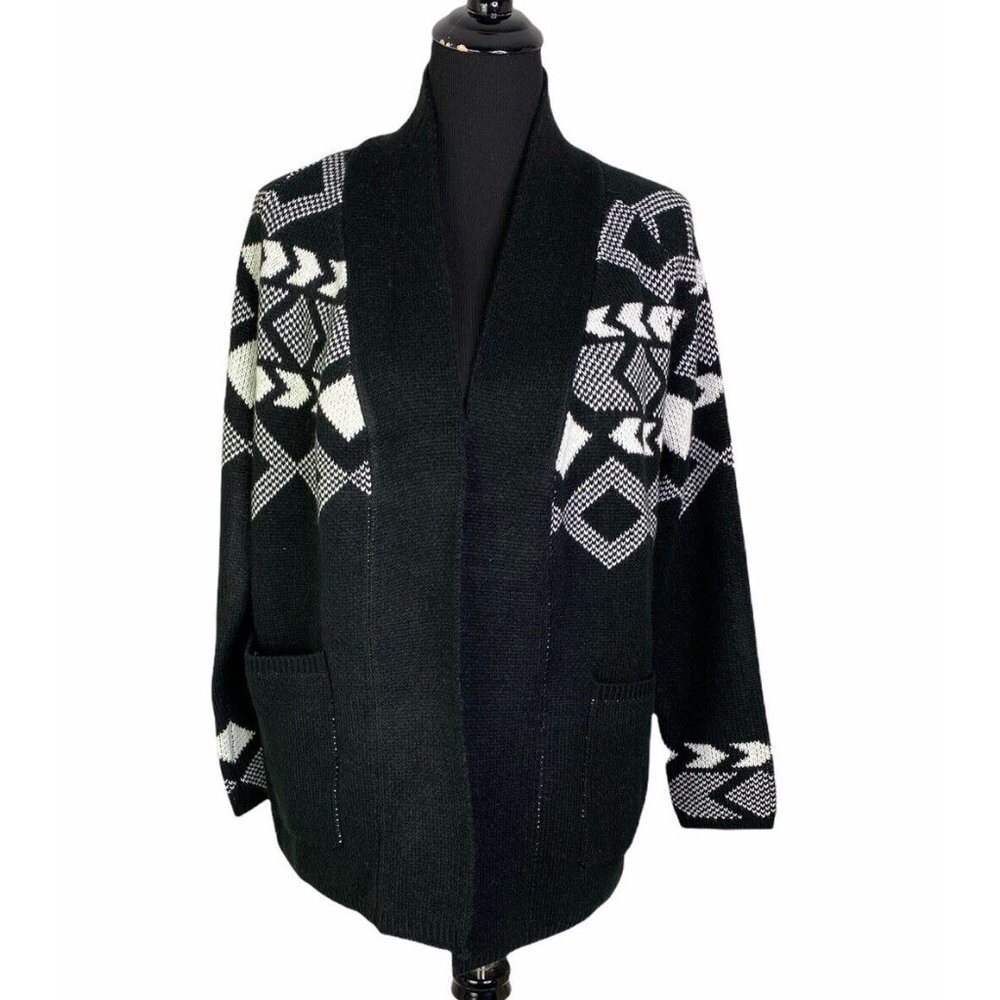 Bobi Womens Cardigan Sweater Black‎ White Aztec Long Sleeve Open Front SZ XS